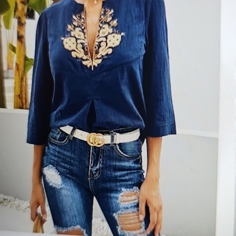 Aleumdr V neck Boho Embroidered Navy Ruffle Sleeve Ethnic Style XL - Picture 10 of 11